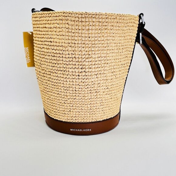 MICHAEL Michael Kors Townsend Straw Bucket Bag Tan Raffia Leather Tote - Picture 1 of 16